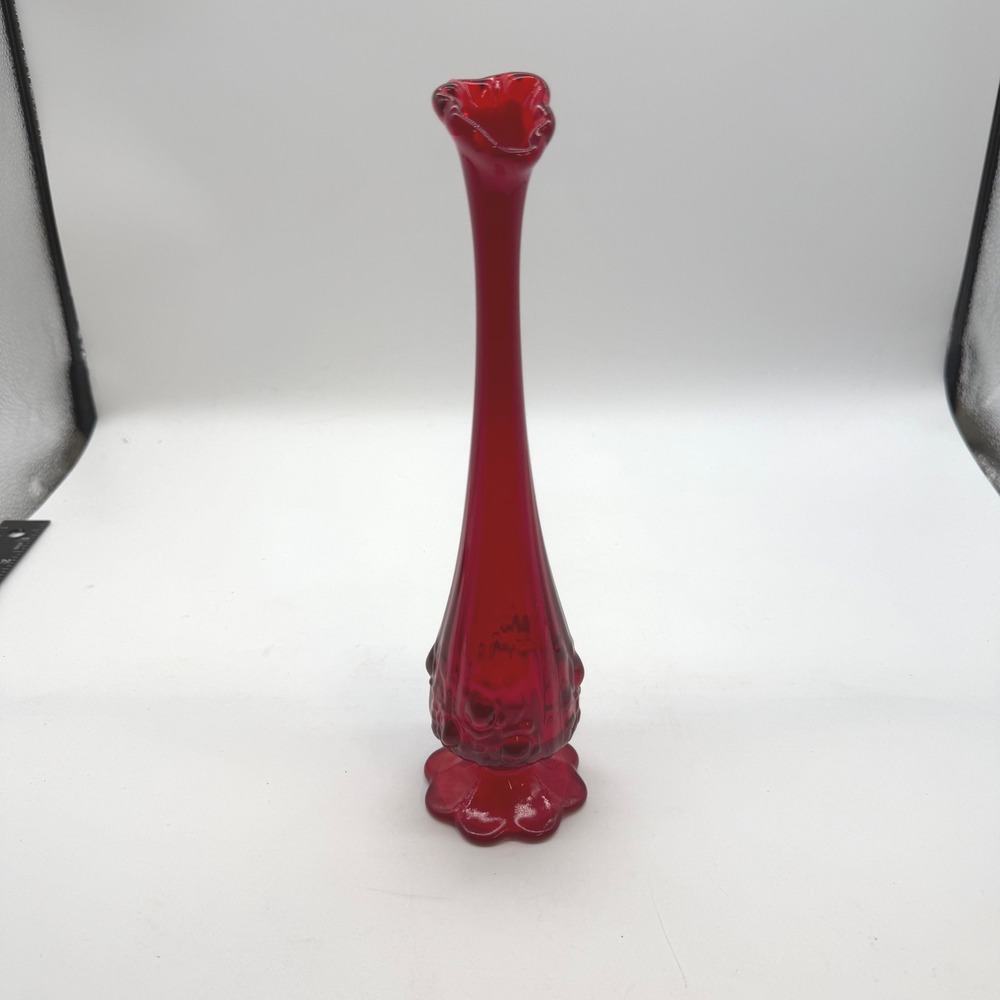 Vintage Fenton Ruby Red Rose-Swung Glass Bud Vase Swung Neck Scalloped UV glow